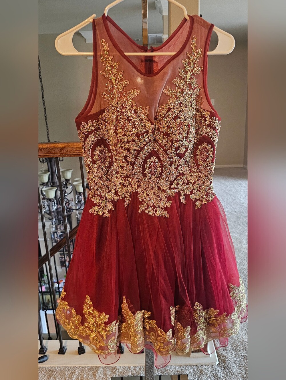 Burgundy Tulle Party Dress with Gold Embroidery